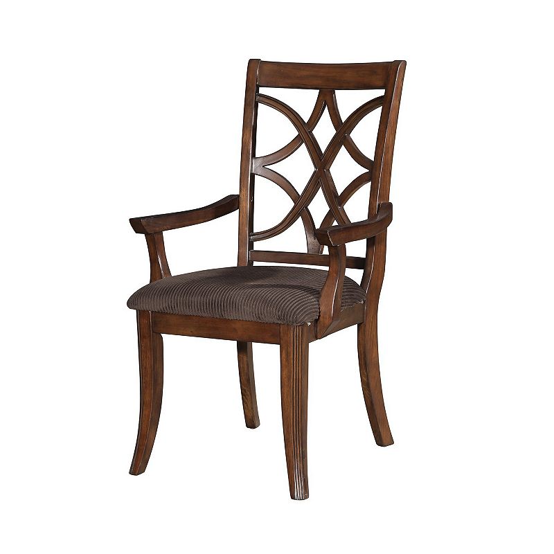 Wooden Arm Chair with Fabric Padded Seat and Lattice Design Backrest， Brown， Set of Two