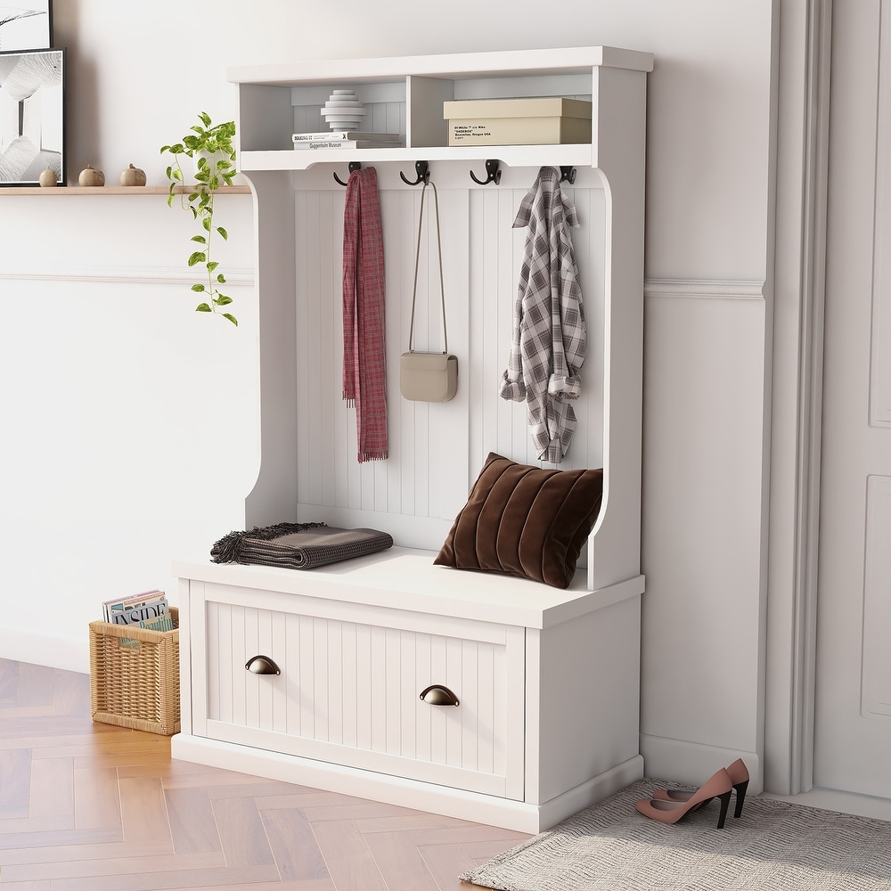 Entryway Hall Tree Shoe Cabinet with Coat Rack 4 Hooks and Storage Bench Shoe Cabinet