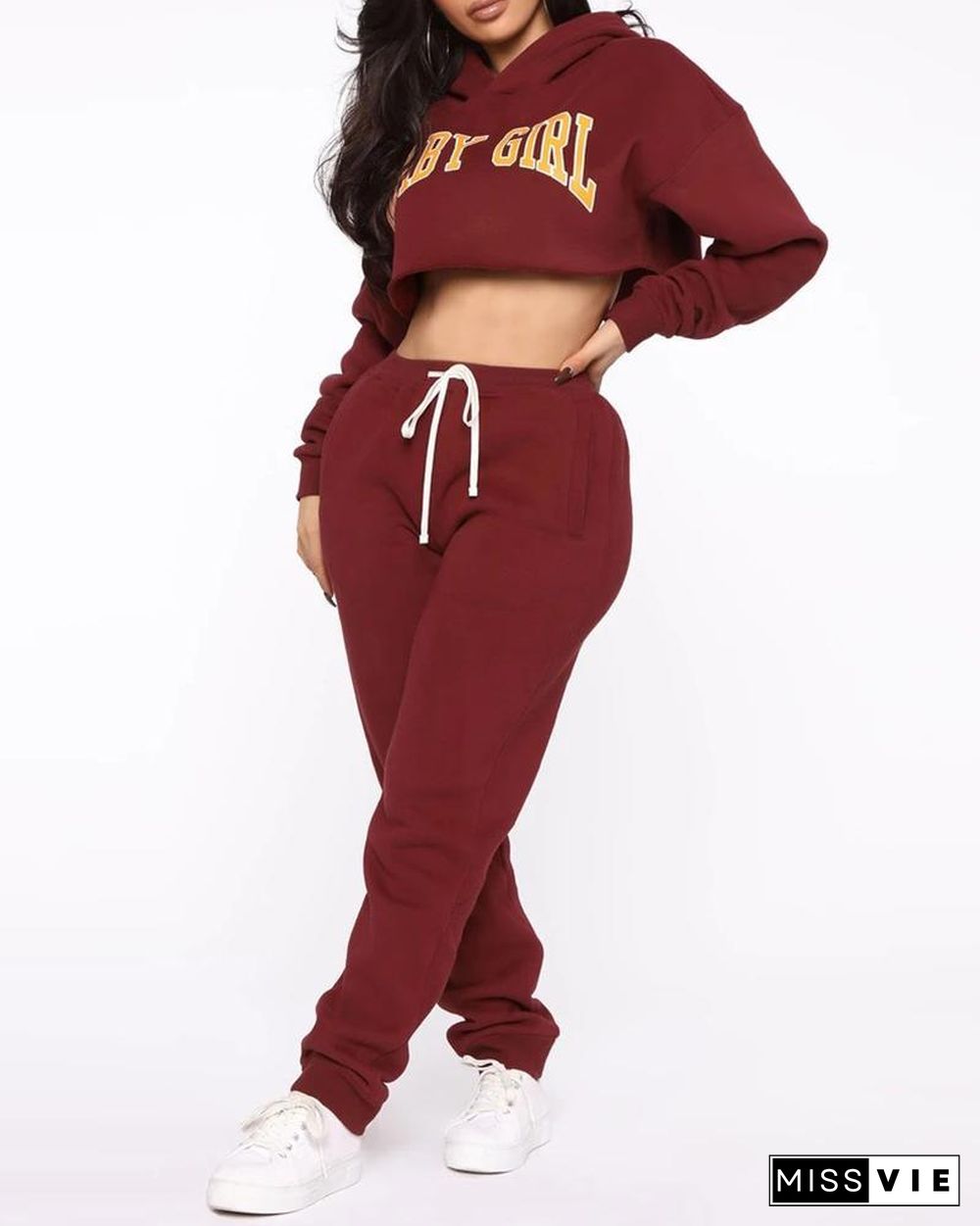 Letter Print Hooded Crop Top & Drawstring Pants Set P13220