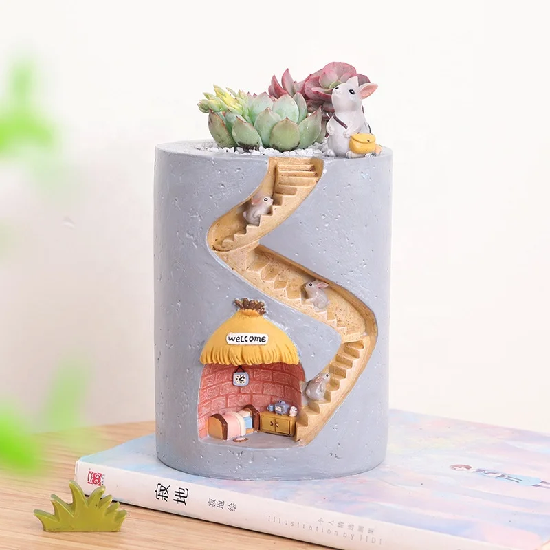 Handmade Custom Resin Rabbit Hedgehog's House Desktop Ornament Succulents Flower Plant Planter Pot for Garden Supplies