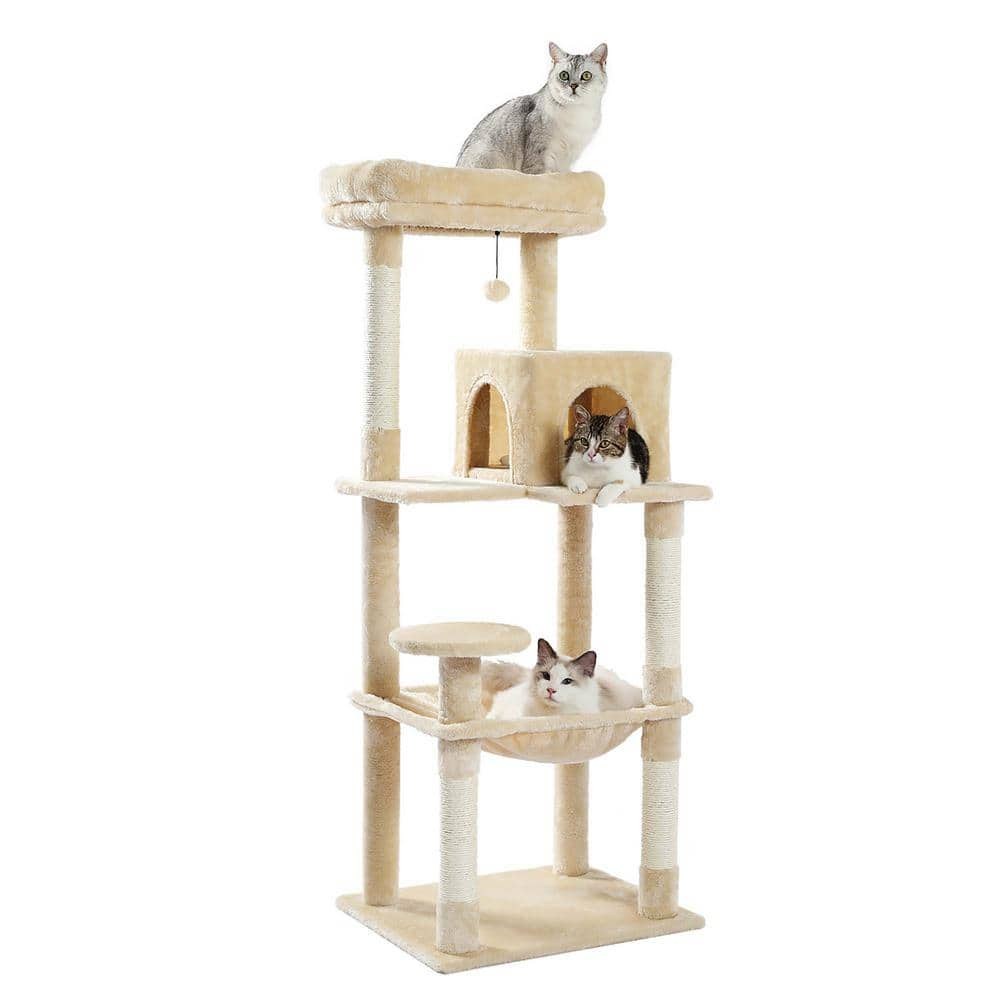 Foobrues Beige Plush Sisal Scratcher Cat Tree Cat House PSL-23170697