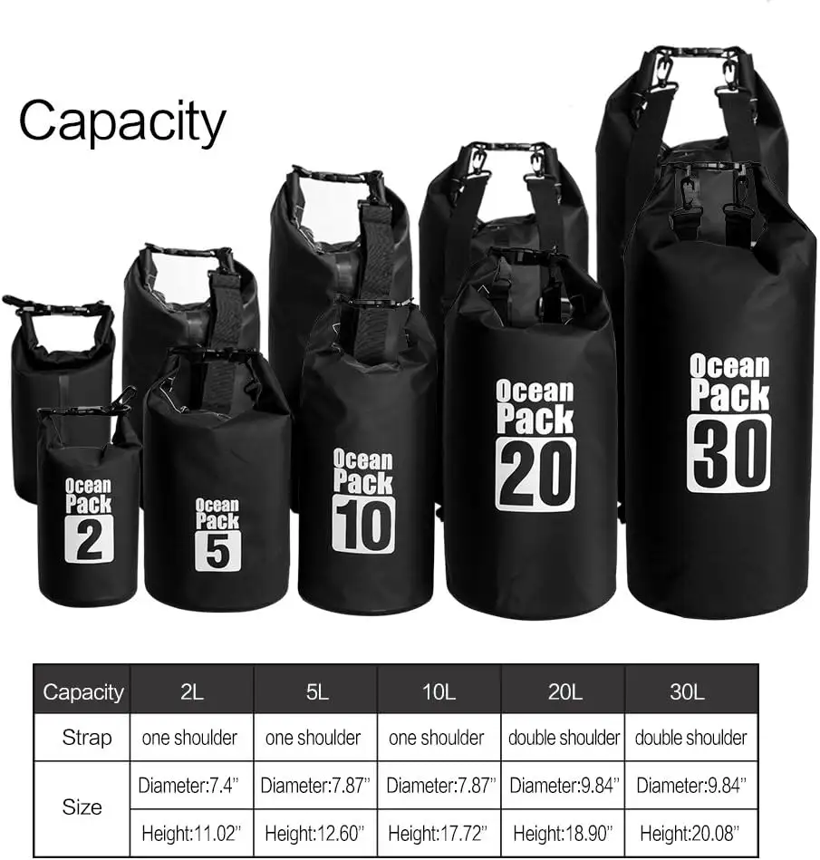 Water Sports 2L 5L 10L 20L 30L Waterproof Travel Backpack Roll Top Dry Bag For Outdoor Hiking Camping