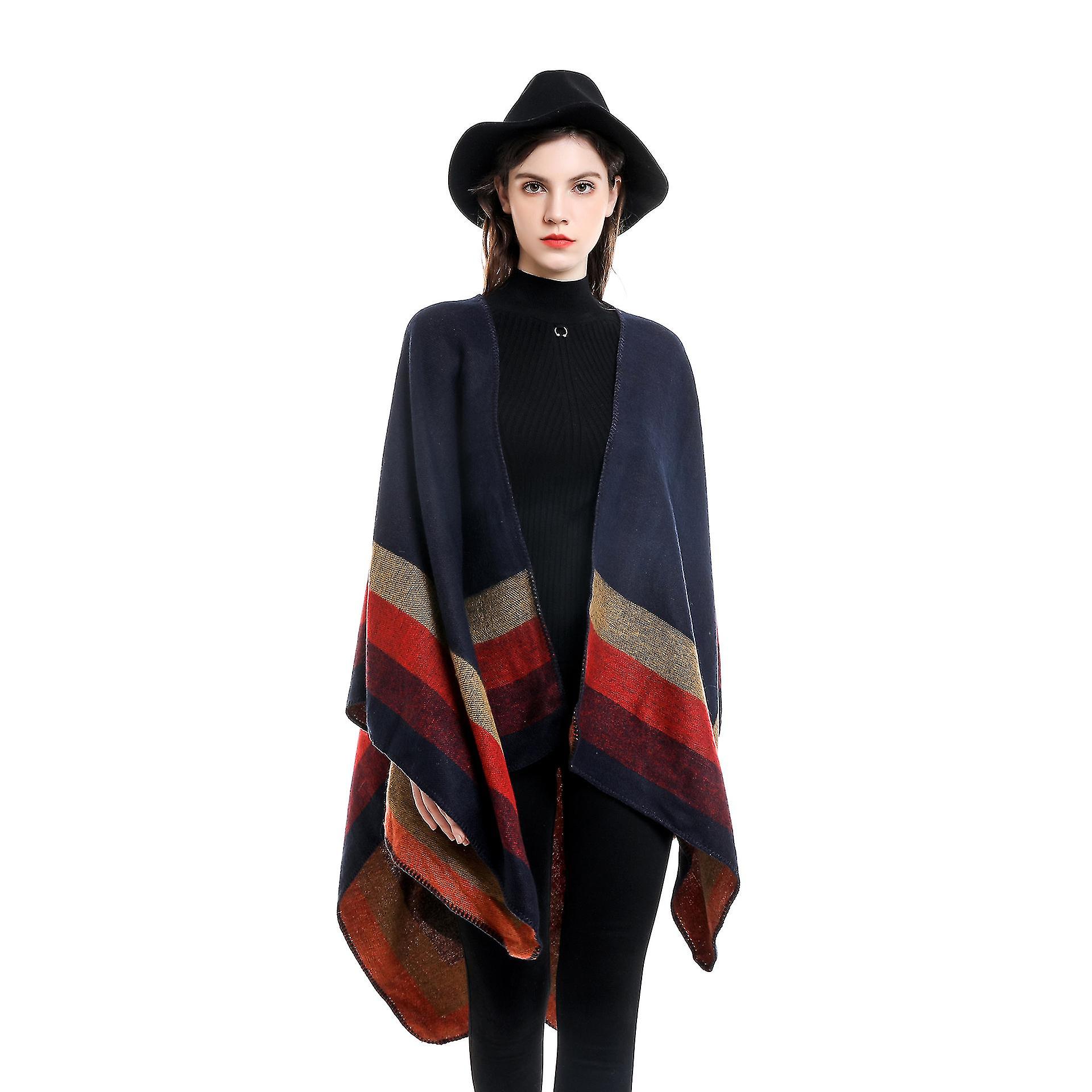 Women's Trendy Cashmere Stripe Pattern Wrap Shawl Cardigan Poncho Cape Scarf