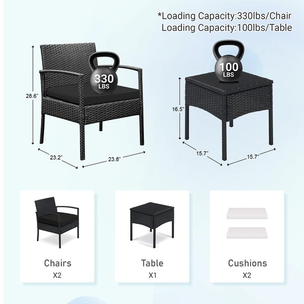 Outdoor Furniture 3 Piece Patio Bistro Furniture Set，Rattan Conversation Chairs Set with Side Table and Cushions