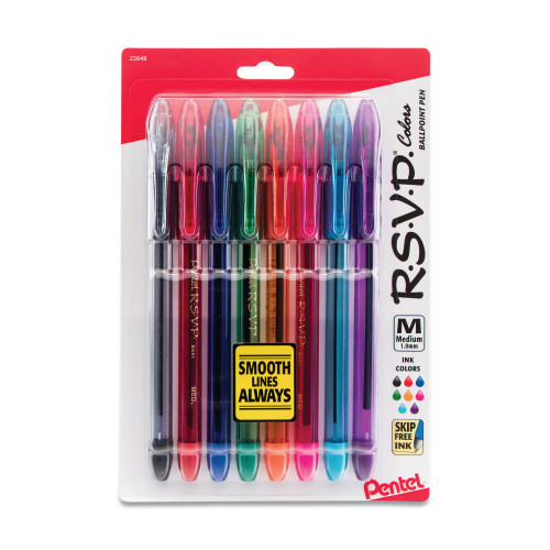 Pentel R.S.V.P. Stick Ballpoint Pen， Medium 1mm， Assorted Ink/Barrel， 8/Pack (BK91CRBP8M)