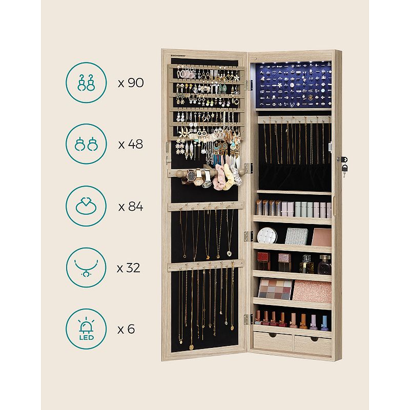 6 LEDs Mirror Jewelry Cabinet， Lockable Wall/Door Mounted Jewelry Armoire Organizer with Mirror