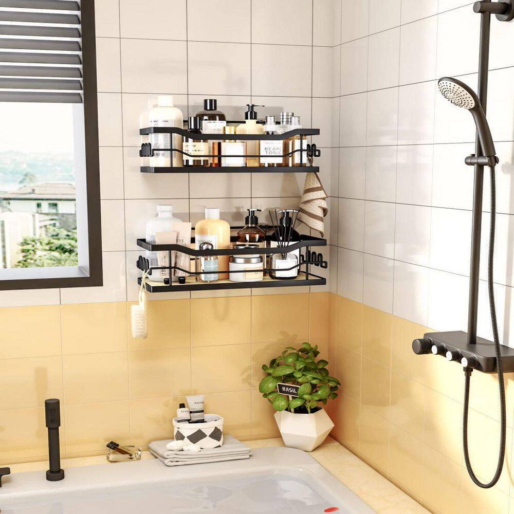 Dracelo 2-Pack Matte Black Stainless Steel Bathroom Adhesive Shower Caddy Shelf with 12 Hooks B09VZ1S2WJ