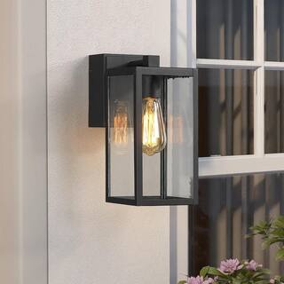 TRUE FINE Trevot 1-Light 12 in. Black Outdoor Wall Lantern Sconce with Built-In GFCI Outlets TD130001OT