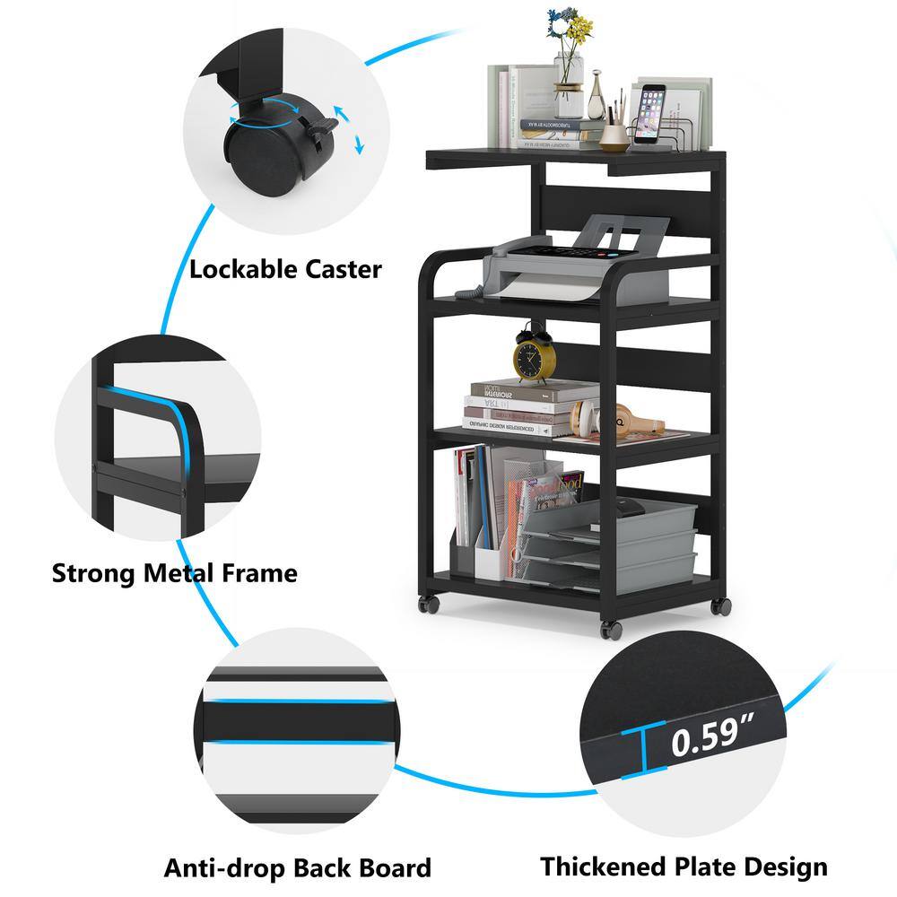 BYBLIGHT Atencio Black Mobile Printer Stand with 4 Storage Shelves Large Modern Printer Cart Desk Machine Stand Storage Rack BB-CJ102XF