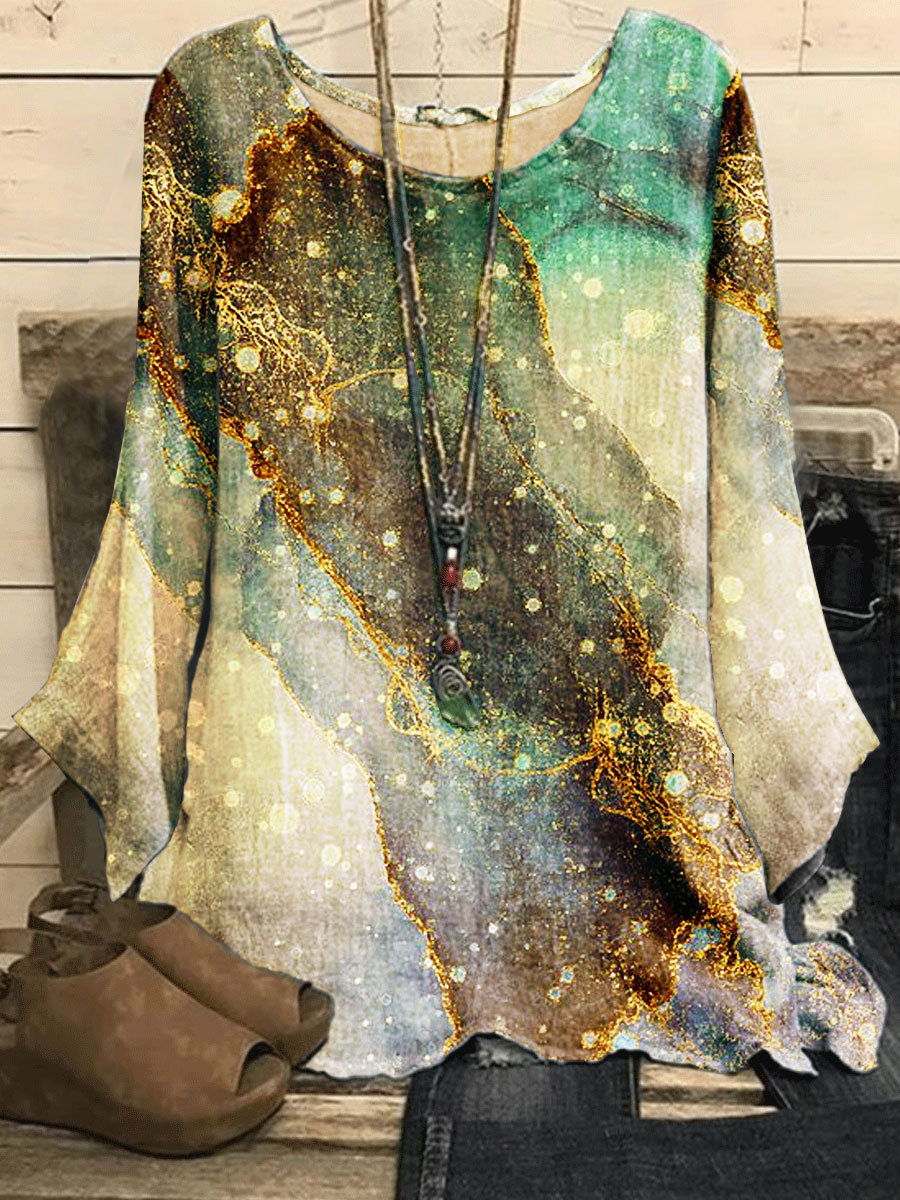 Round Neck Casual Loose Bronze Marble Print Long Sleeve Blouse