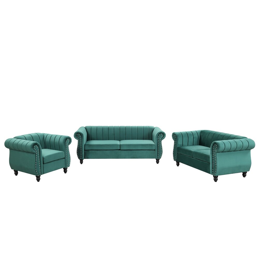 Three Piece Velvet Upholstered Sofa Set 3 Seater Sofa Loveseat and Single Couch Set with Button Tufted Backrest Solid Wood Legs