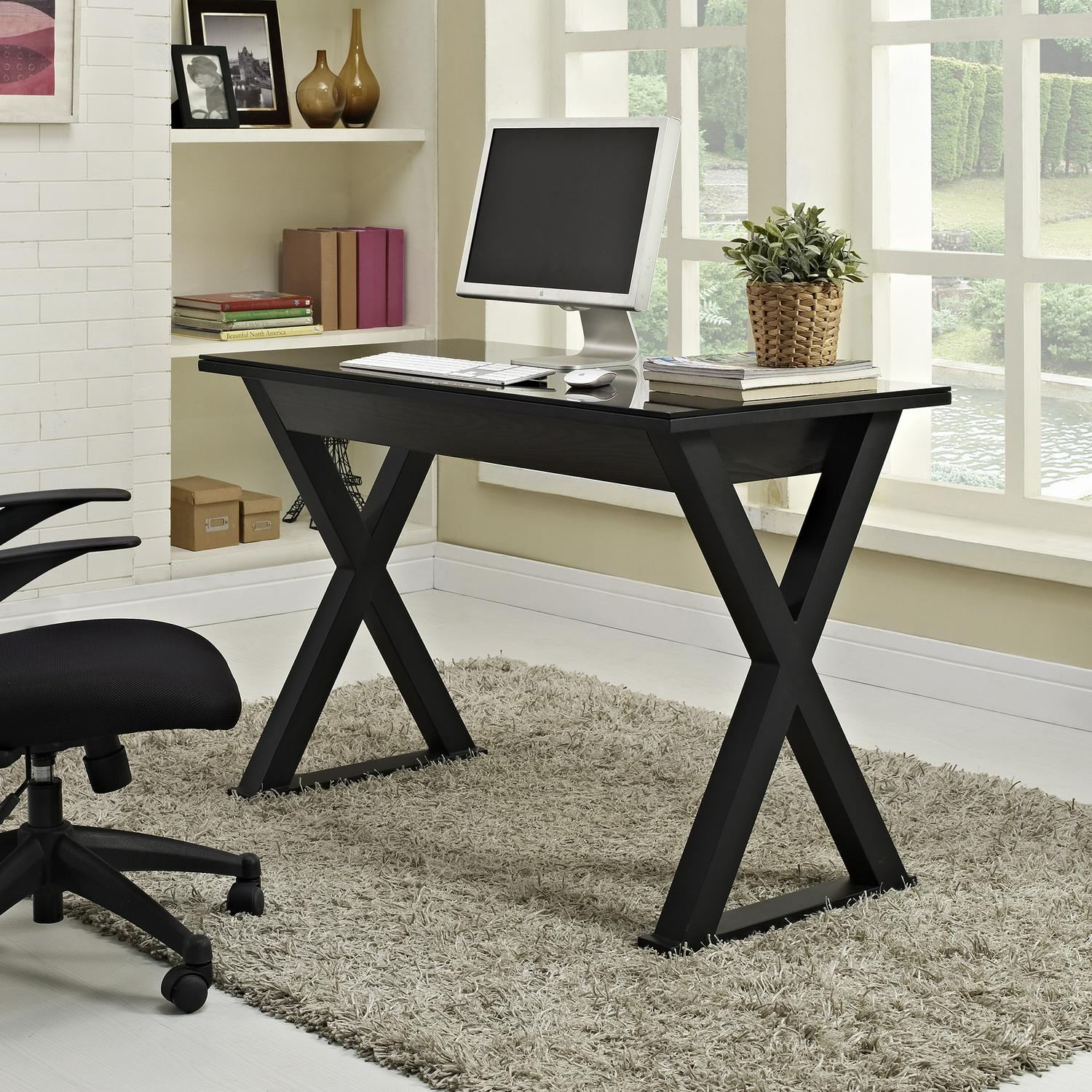 Modern Glass Top X-Frame Wood Computer Desk