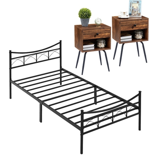 3-pieces Bed Frame and Modern Nightstand Set of 2 with 1-Drawer - - 36539696