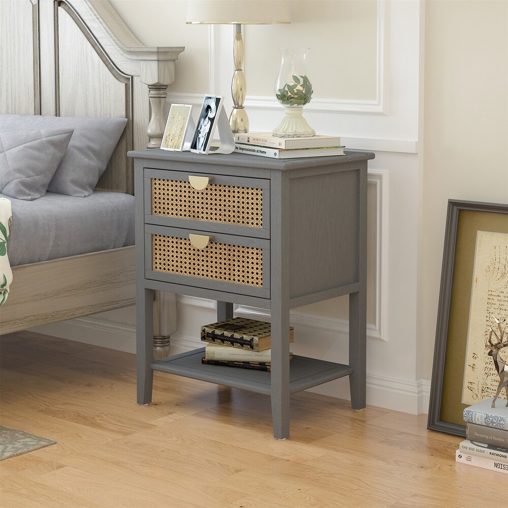 Natural Rattan 2 Drawer Nightstand Side Table