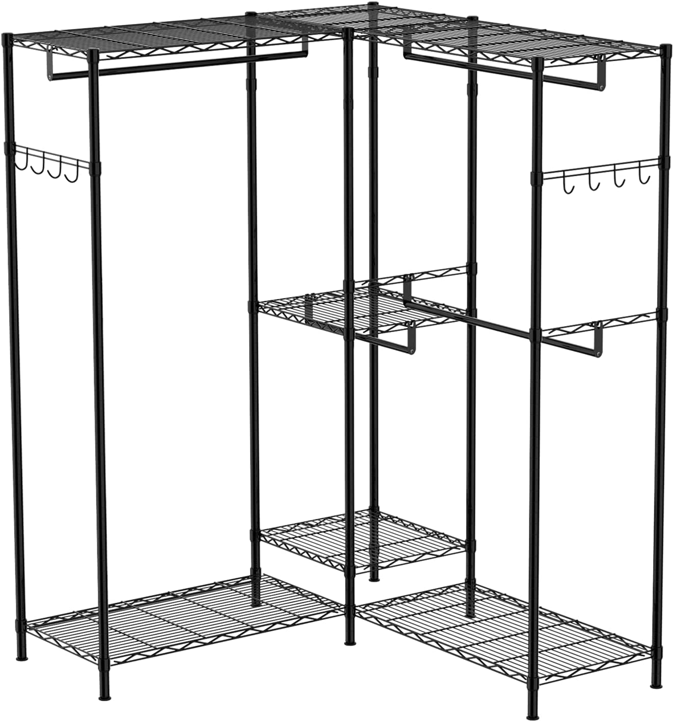 Closet Rack,Wire Metal Clothing Rack, Heavy Duty Removable Sliding Hanging Rods and Side Hooks, with Rods and Side Hooks Load 750Lbs, Black