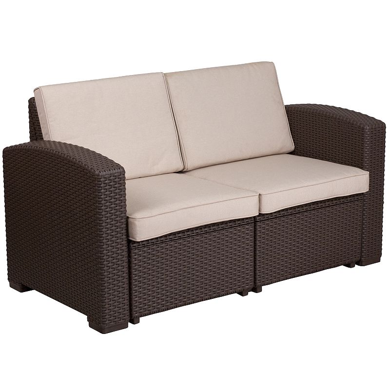 Emma and Oliver Faux Rattan Loveseat with All-Weather Cushions