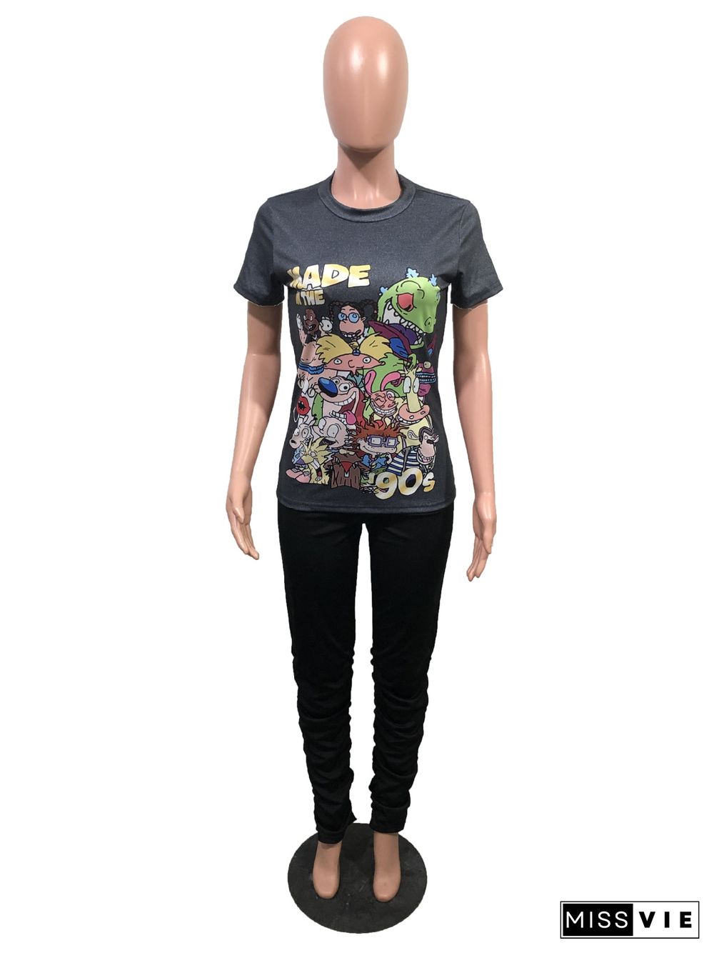 Stylish Cartoon Printed Short Sleeve Sporty Two Pieces Pants Set