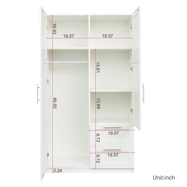 Wood High Wardrobe with 2 Drawers， 5 Storage Space and 2 Doors - - 36394606