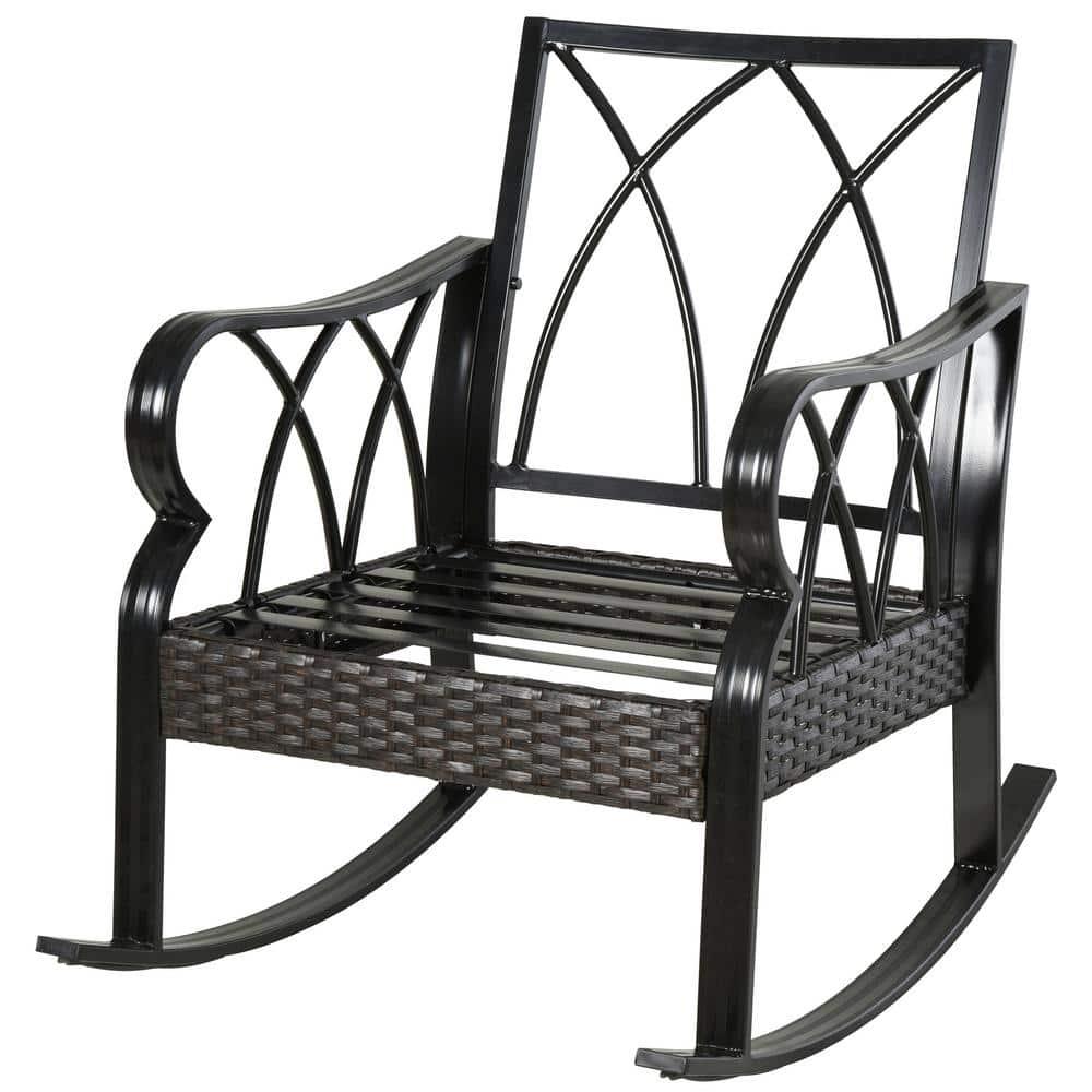 Outsunny Black Aluminum Outdoor Rocking Chair with Beige Cushion and WeatherResistant Materials