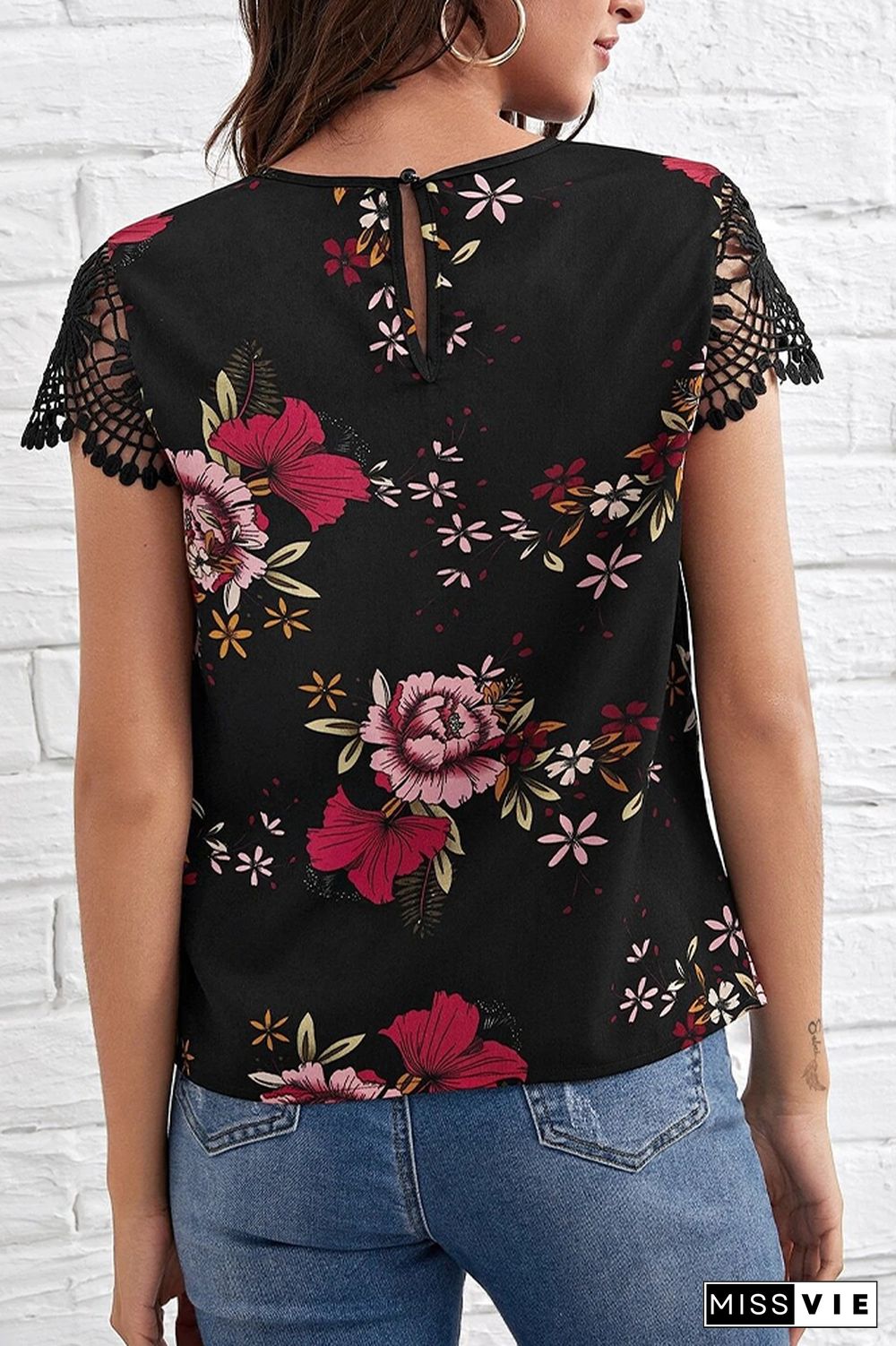 Lace Short-sleeved Floral Printe Top Wholesale