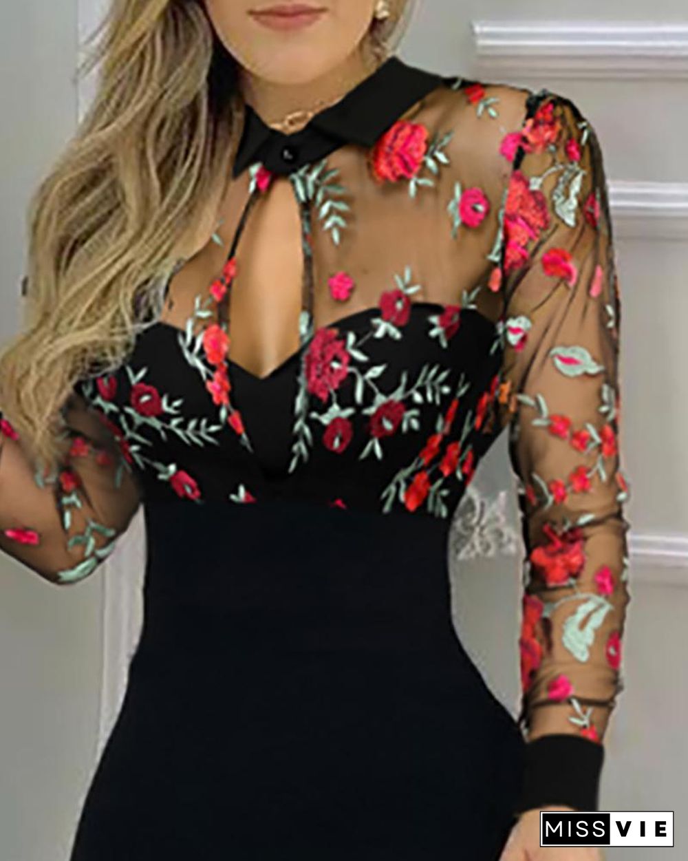 Floral Patterh Sheer Mesh Slit Dress P11829