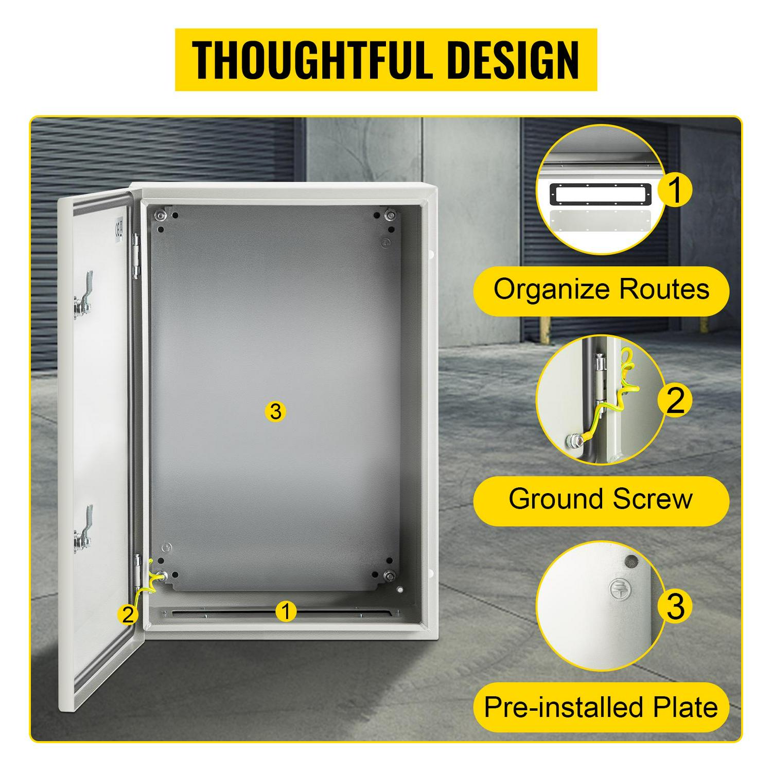 VEVORbrand Steel Electrical Box 24 x 16 x 10 ，Carbon Steel Hinged Junction Box， IP65 Weatherproof Metal Box Wall-Mounted Electronic Equipment Enclosure Box with Mounting Plat