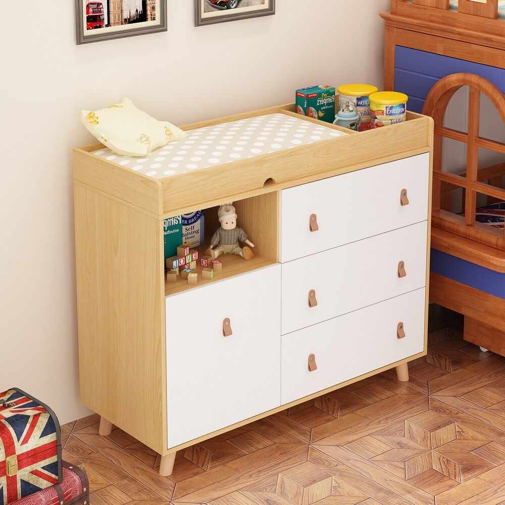 Baby Changing Table Dresser with 4 Drawers Shelf Hidden Trash Storage