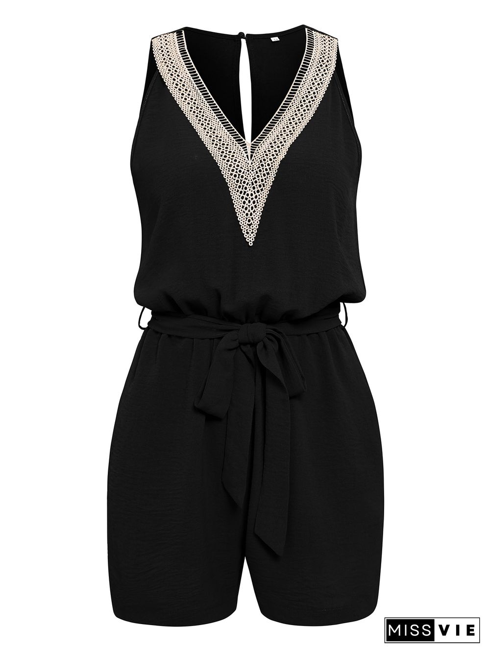 Casual Lace V-neck Solid Color Sleeveless Jumpsuit