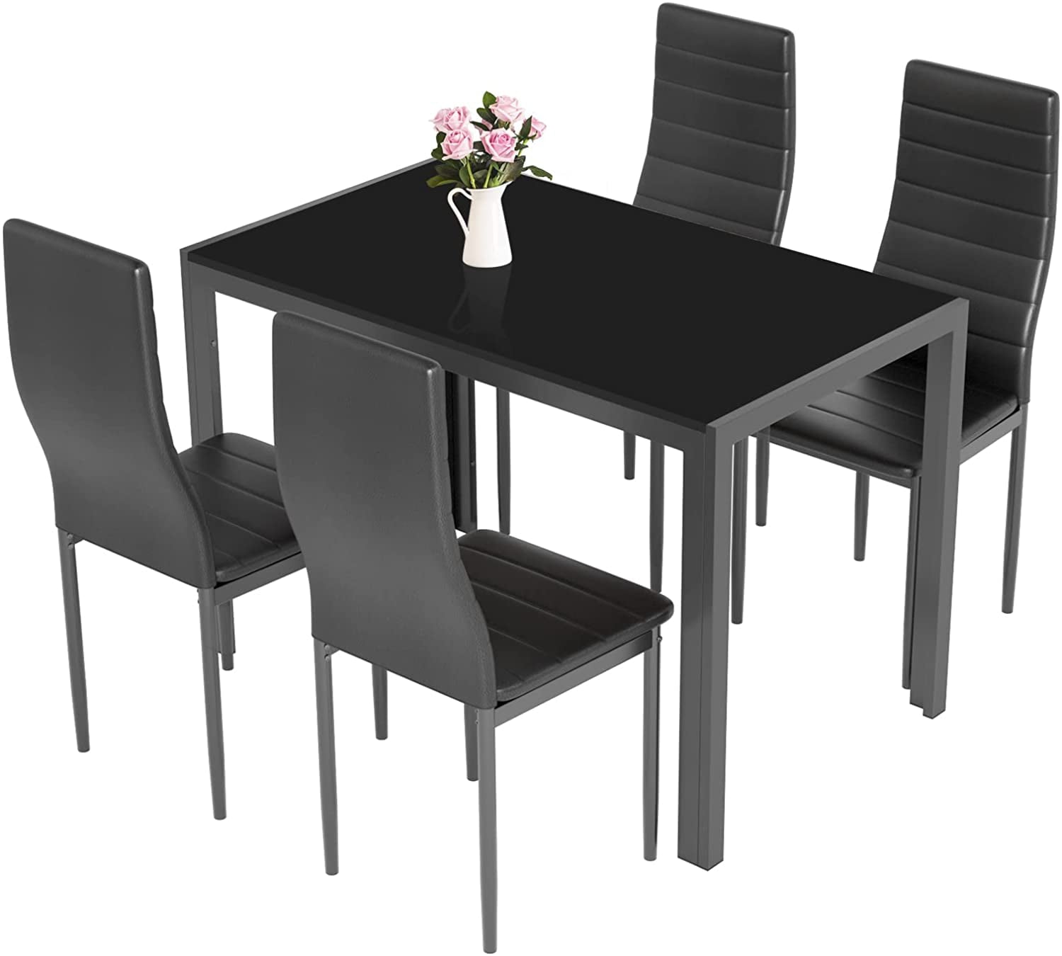 Arlopu 5-Piece Dining Table Set for 4, Tempered Glass Tabletop and 4 Faux Leather Chairs, for Kitchen, Dining Room