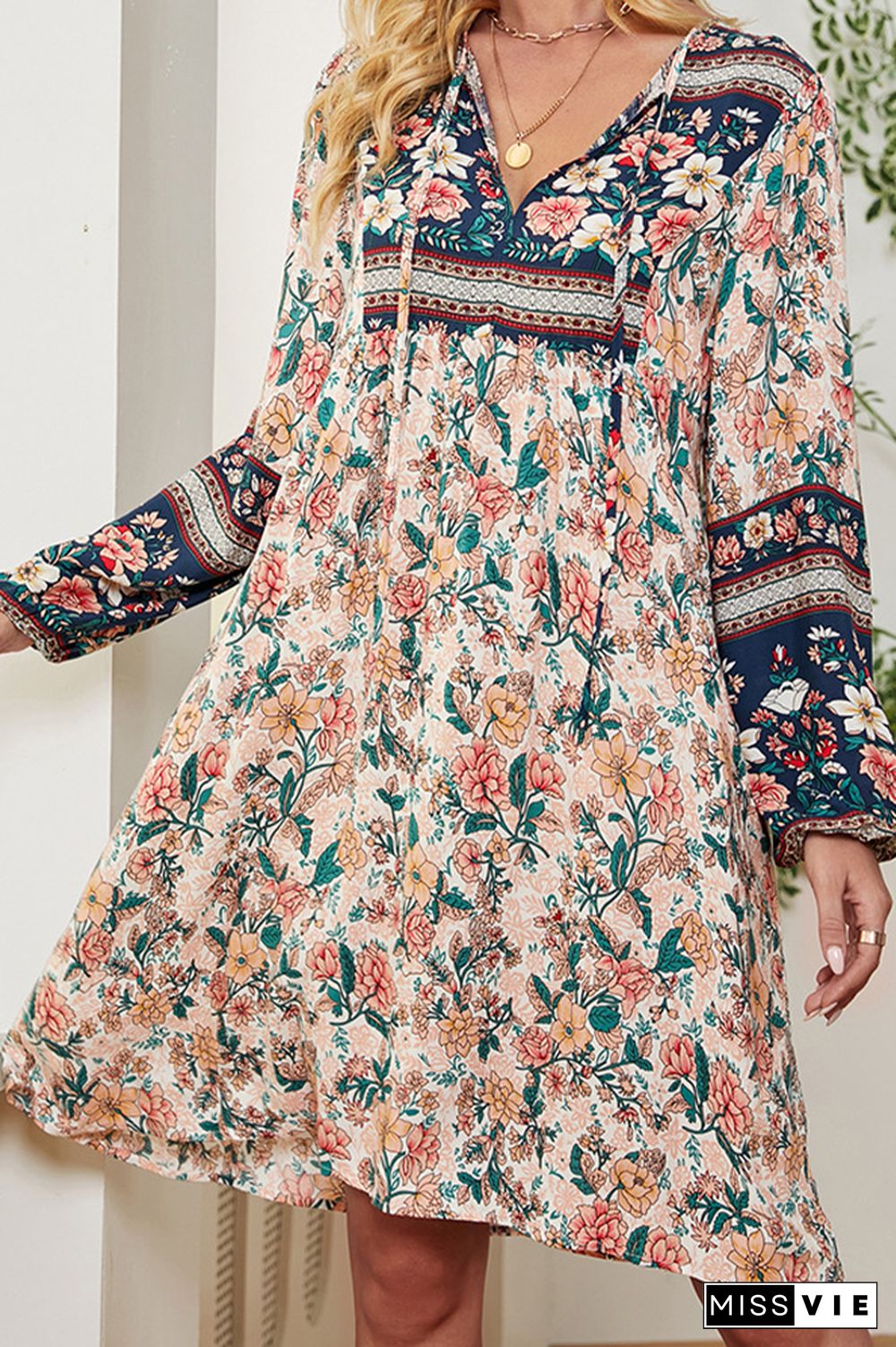 V Neck Ruffled Collar Contrast Floral Print Midi Dress