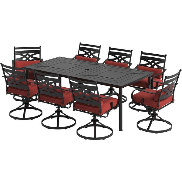 Hanover Montclair 9Piece Dining Set in Chili Red with 8 Swivel Rockers and a 42In. x 84In. Table