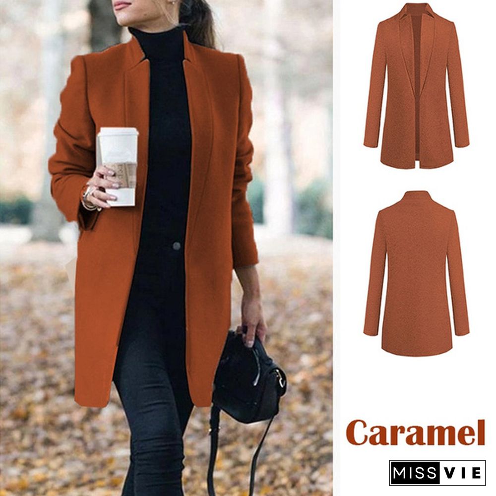 Autumn Winter Women's Fashion Lapel Open Front Slim Fit Overcoat Elegant Solid Color Mid Long Coat Classic Retro Blazer Cardigan Outwear