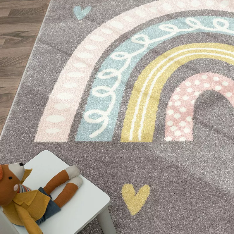 Kids Rug with Rainbow and Hearts for Nursery in Pastel Colors