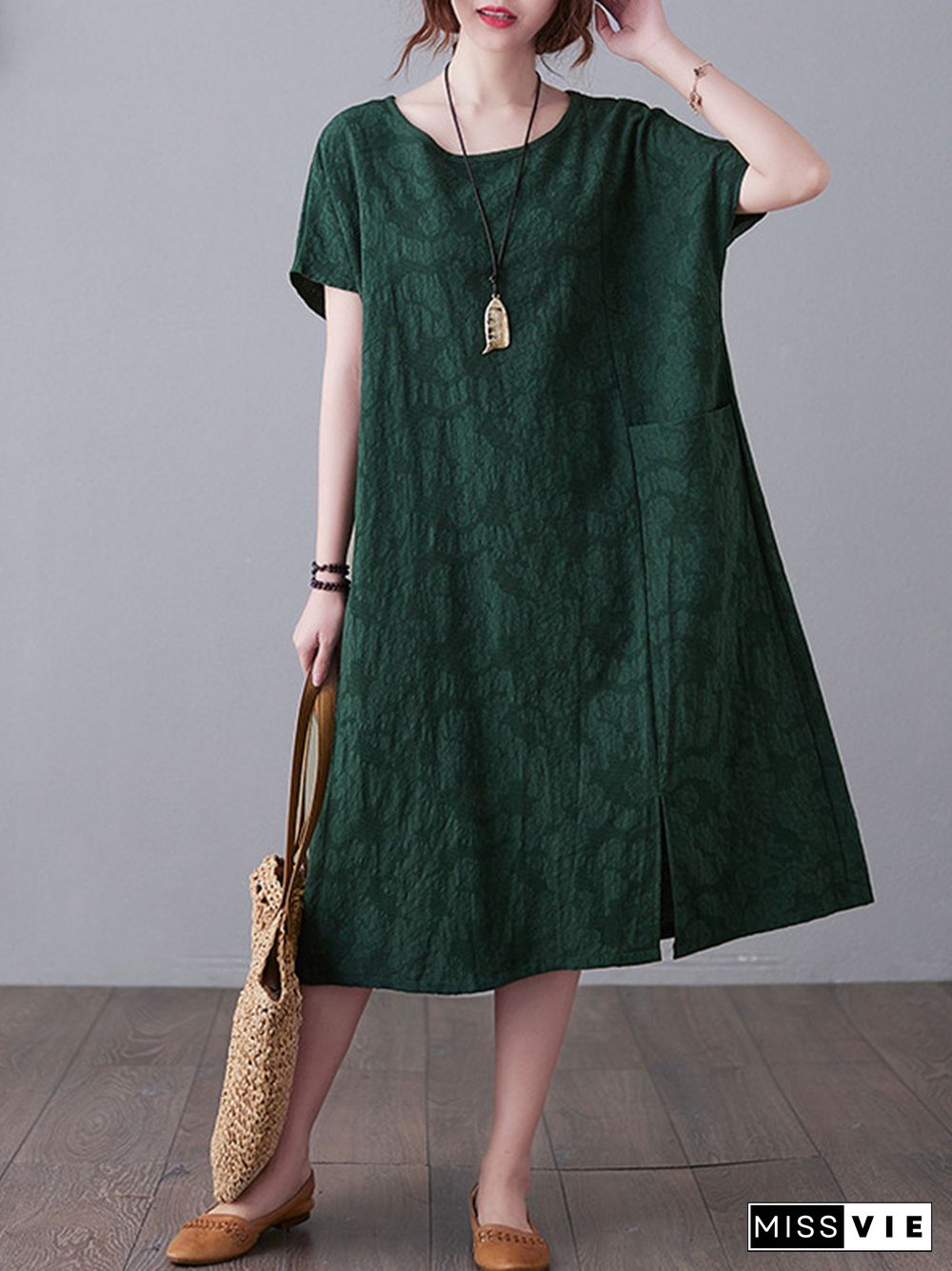 Original Solid Jacquard Short Sleeve Midi Dress