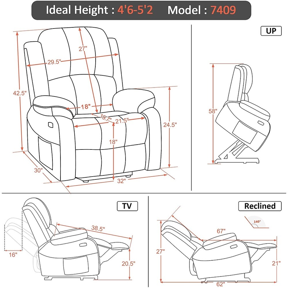 MCombo Small Sized Power Lift Recliner Chair with Massage and Heat  USB Ports  Faux Leather 7409