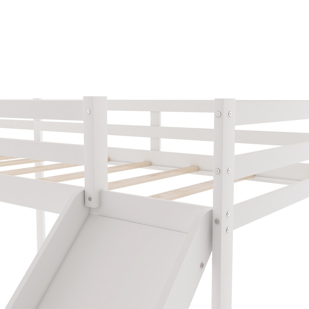 L Shaped Twin Size Loft Bed with Ladder and Slide  White