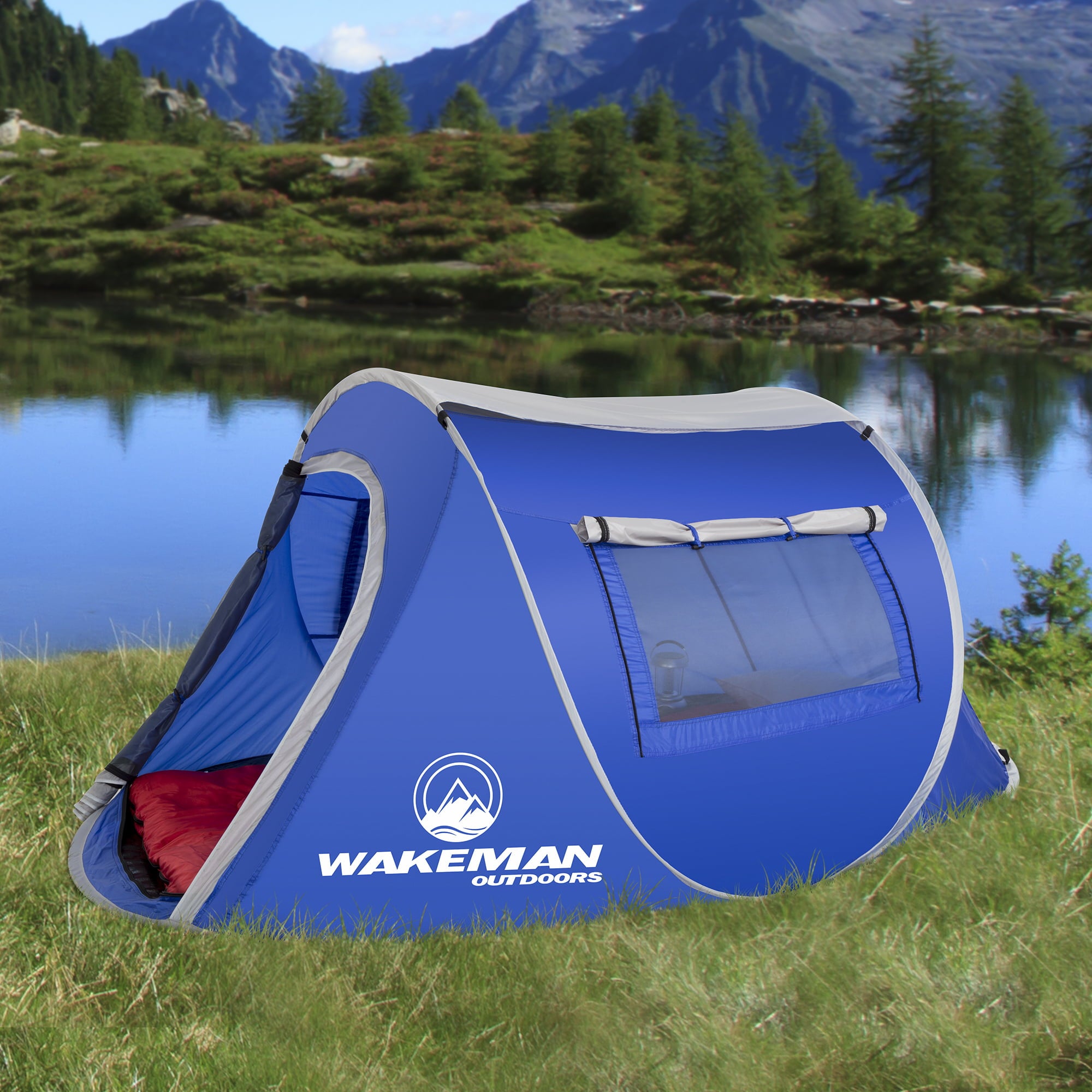 2-Person Pop-up Tent - Water-Resistant Polyester Tent for Camping and Backpacking with Rainfly， Tent Stakes， and Carry Bag - Blue， by Wakeman Outdoors