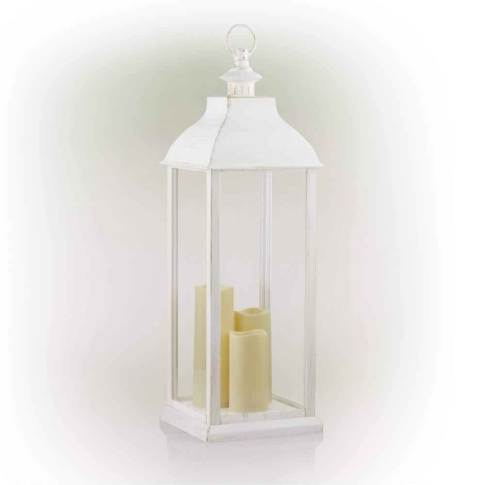 Alpine Corporation 28 in. Tall Outdoor Battery-Operated Lantern with LED Lights, White IVY100HH-L