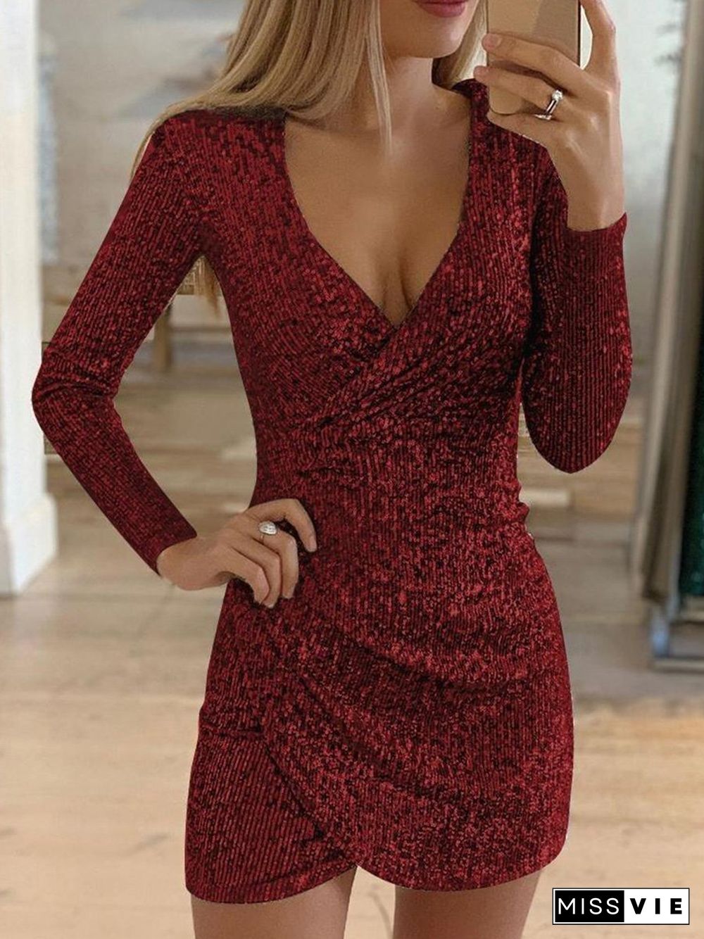 Surplice Wrap Ruched Sequins Bodycon Dress P15728