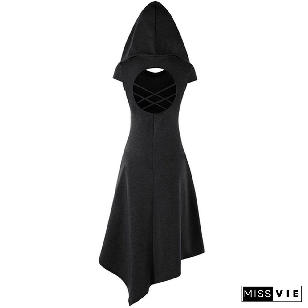 Gothic Medieval Style Women Hooded Criss Cross Irregular Handkerchief Dress Summer Casual Sleeveless Dress Asymmetrical Dresses