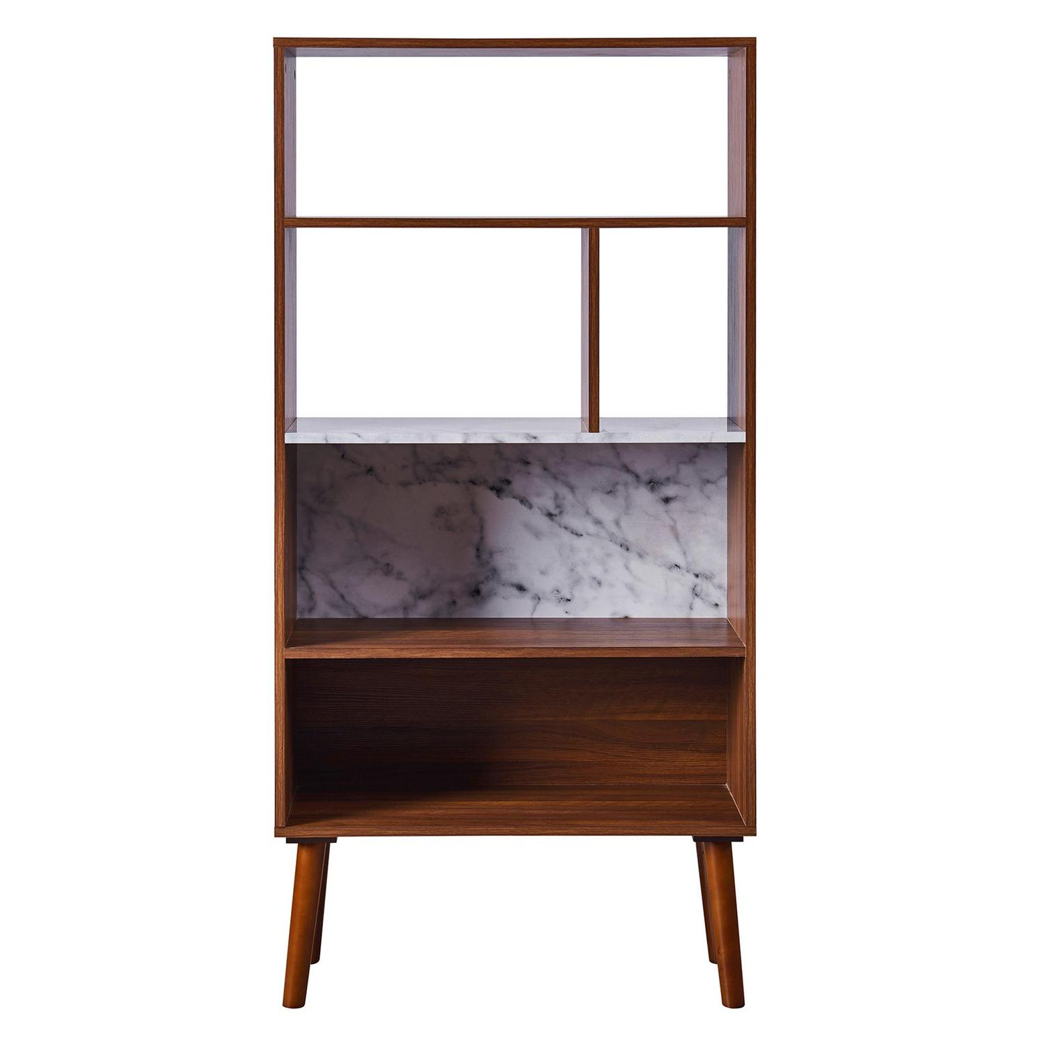 Versanora Kingston Wooden Bookcase with Faux-Marble Accents， Marble/Walnut