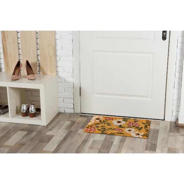 Bee With White And Orange Flowers Floral Rectangle Indoor And Outdoor Coir Door Welcome Mat Yellow Background