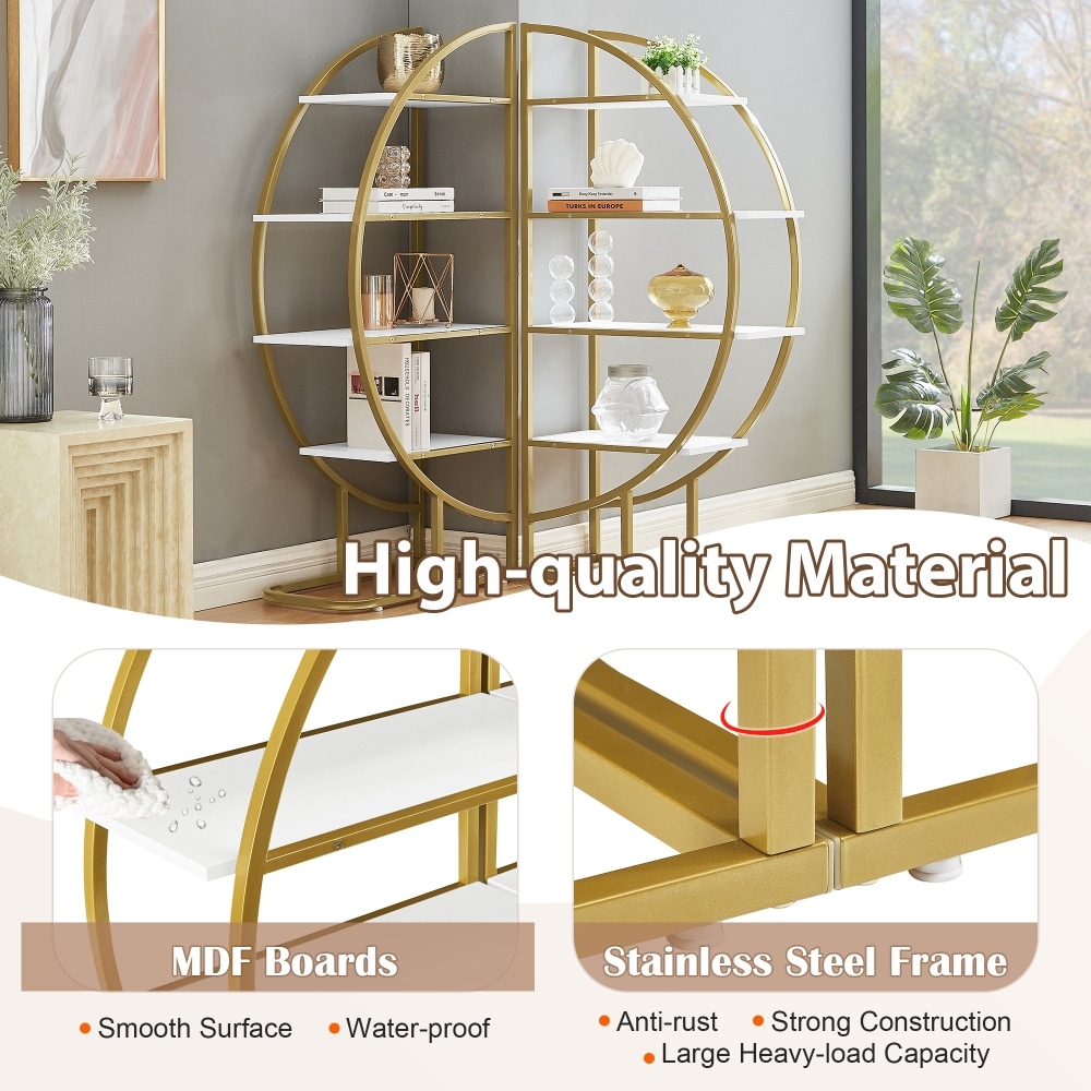 4 Tiers Home Office Round Shape Open Bookshelf Golden White