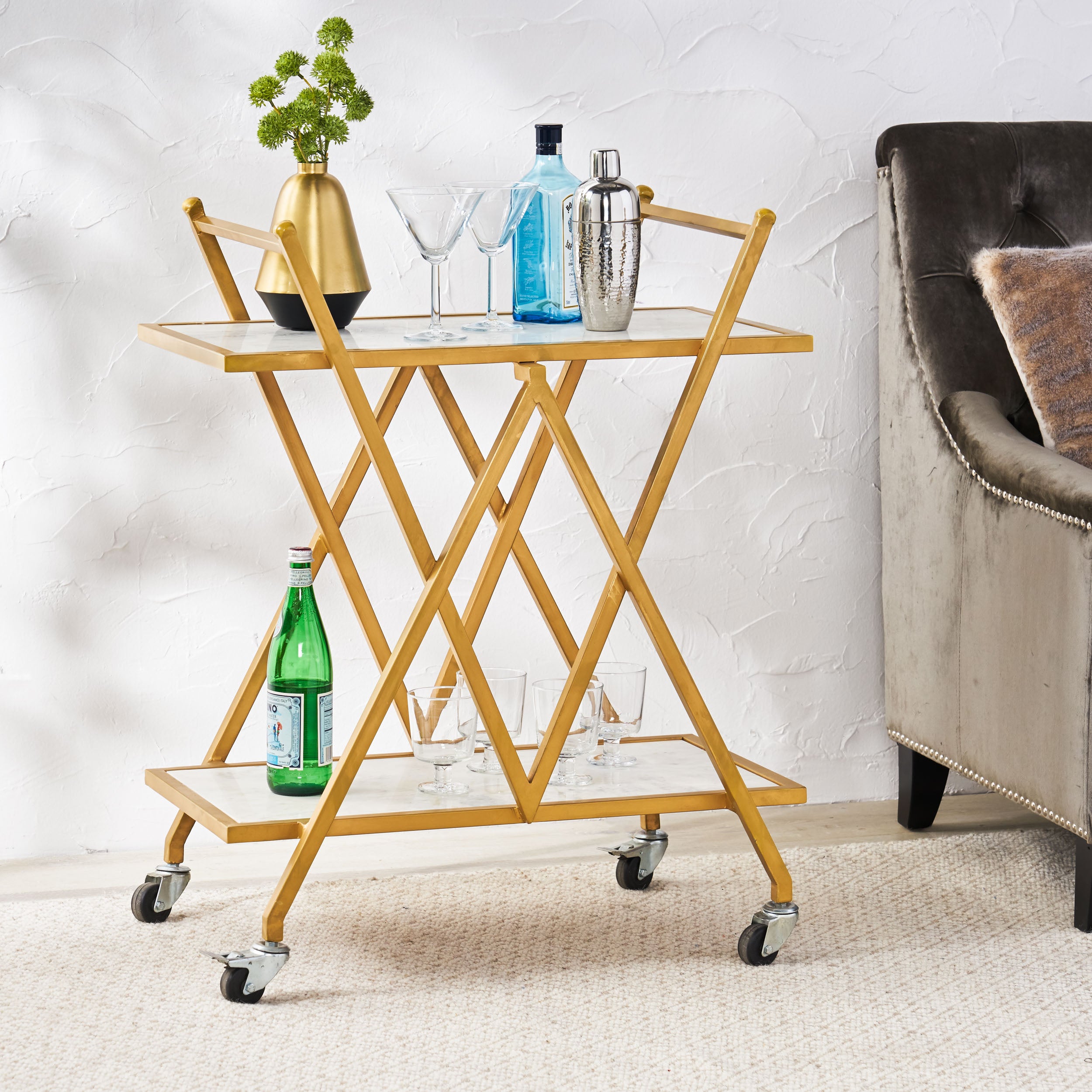 Adair Handcrafted Modern Glam Marble Bar Cart