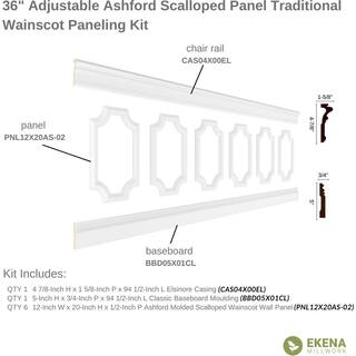 Ekena Millwork 94 12 in. (Adjustable 36 in. to 40 in.) 23 sq. ft. Polyurethane Ashford Scalloped Panel Wainscot Kit Primed WPKUSC071P036