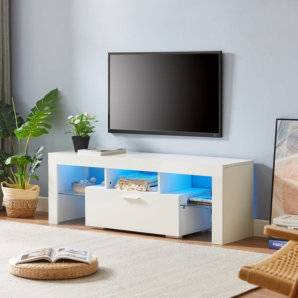 White Morden TV Stand with LED Lights， High Glossy Front TV Cabinet，Can be Assembled in Lounge Room， Living Room