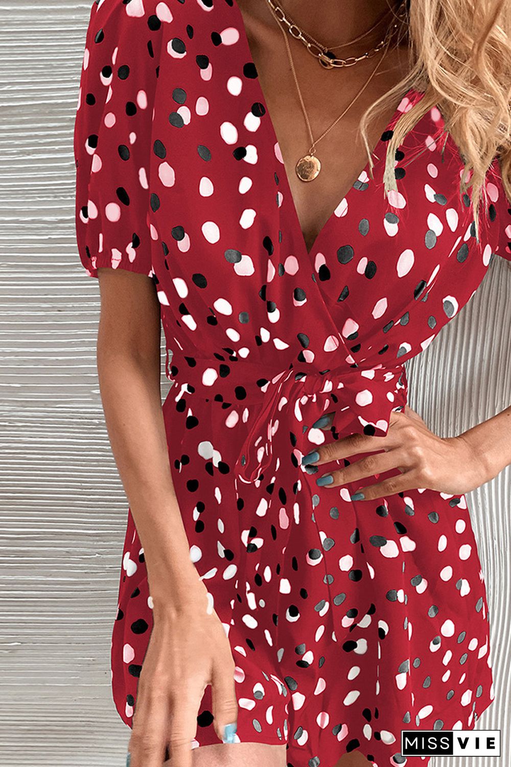 Wrap V Neck Spot Print Romper With Sash