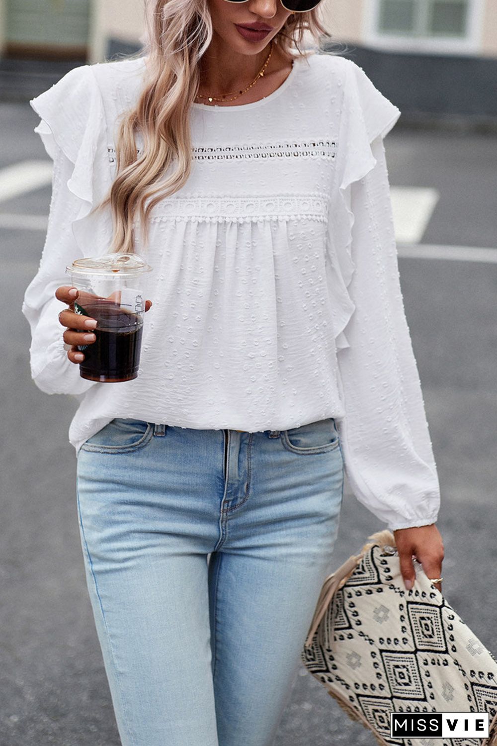 Lace Eyelet Ruffle Shoulder Long Sleeve Blouse