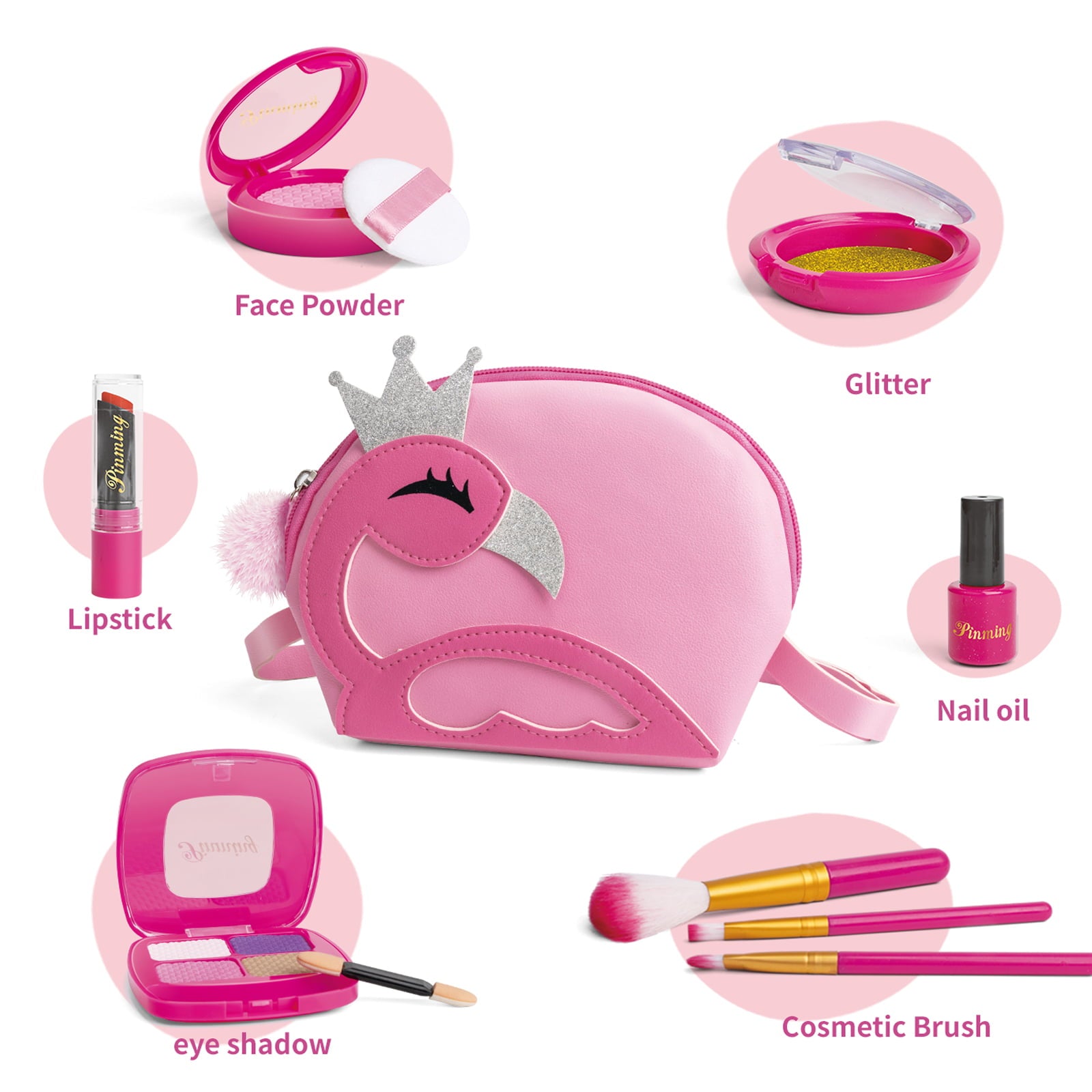 Kids Pretend Makeup Kit Toys for Girls 3-6 Years with Pink Flamingo Bag Real Children Pretend Play Set