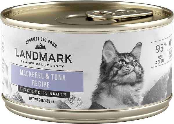 American Journey Landmark Mackerel and Tuna Recipe in Broth Grain-Free Canned Cat Food， 3-oz， case of 12